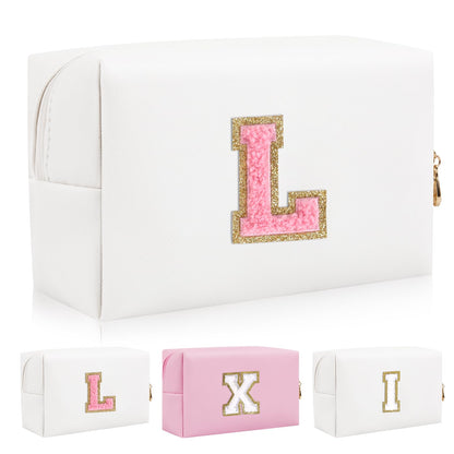 Personalized Initial Patch Makeup Bag, Preppy Portable Chenille Letter Cosmetic Bag With Zipper, PU Leather Waterproof Travel Toiletry Bag Monogram Make Up Pouch for Women Girls (Letter L)