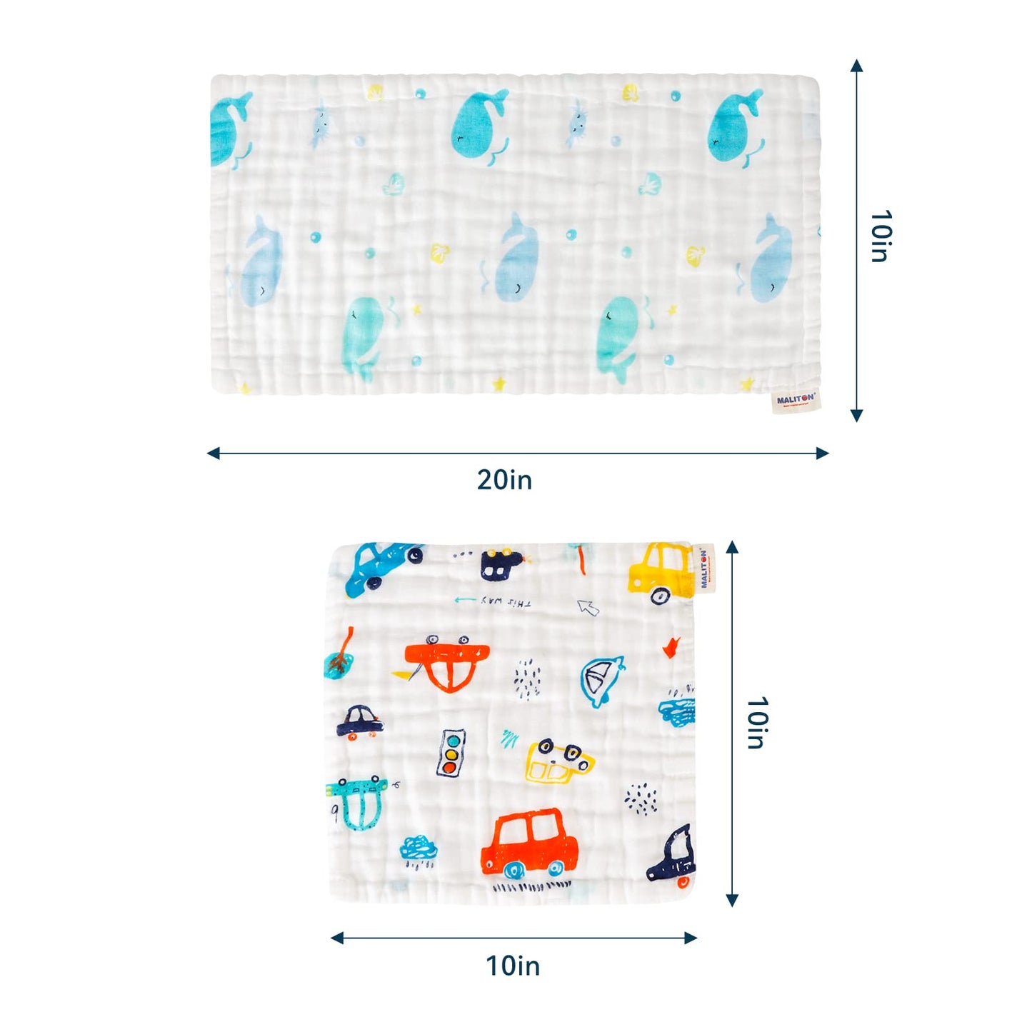 Maliton Muslin Baby Burp Cloths 6 Pack Large 20''x10'' 100% Cotton Burp Rags Absorbent and Soft 6 Layers Muslin Cloth Baby Essentials for Newborn(Animals and Cars, Pack of 6)
