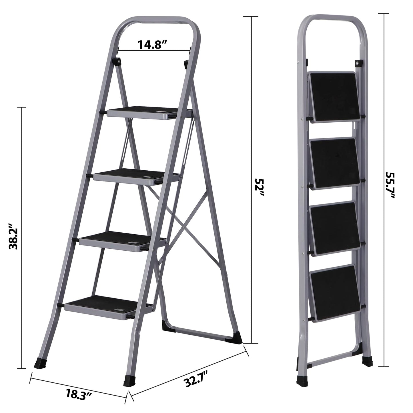 JungleA Step Ladder, Folding 4 Step Stool Ladder for Adult, w/Wide Anti-Slip Pedal, 330 lbs Load Capacity, Foldable Portable Sturdy Lightweight Tall Ladder for Closet, Kitchen, Office & Home, Grey