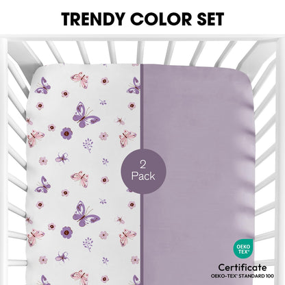 Little Grape Land Crib Sheets for Boys and Girls, 2pk Baby Crib Fitted Sheet for Standard Size Crib and Toddler Mattress, Super Soft Baby Sheet (Purple Butterfly)