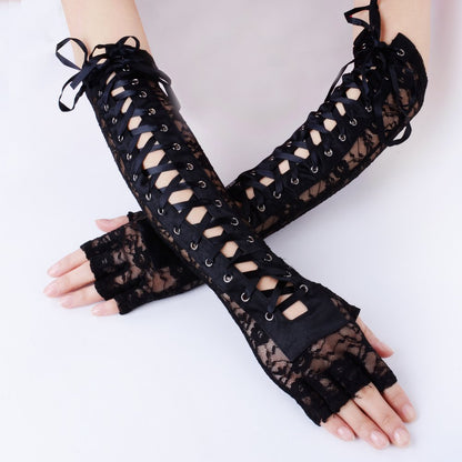JISEN Women Nylon Elbow Lace-up Fashion Costume Gloves Black 14 inch