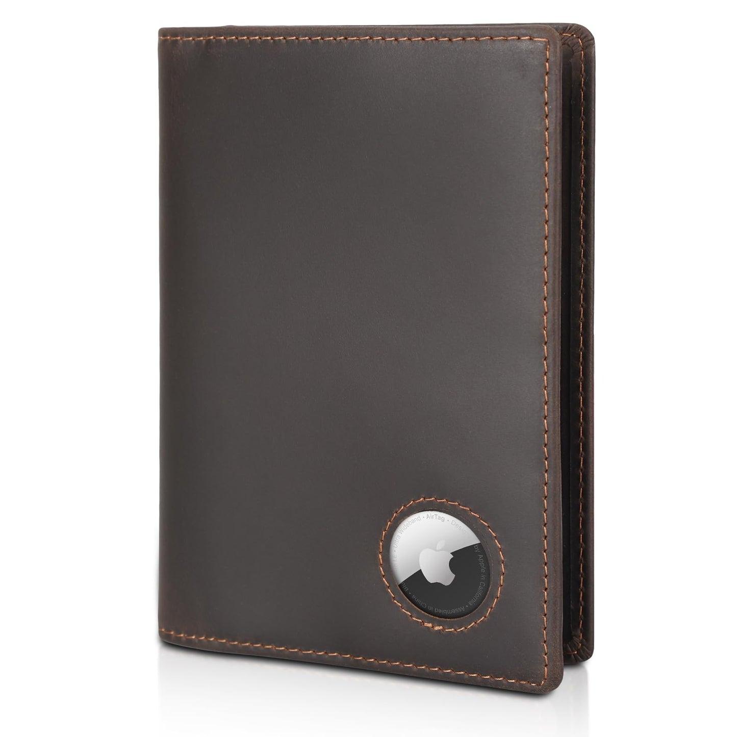 Polare Slim RFID Blocking Leather Passport Holder Travel Bifold Wallet For Men (Dark Brown with AirTag Holder)