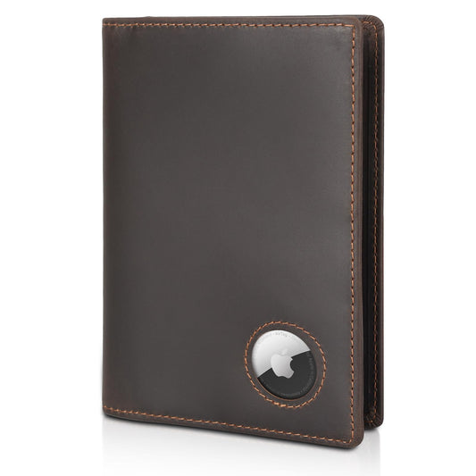 Polare Slim RFID Blocking Leather Passport Holder Travel Bifold Wallet For Men (Dark Brown with AirTag Holder)