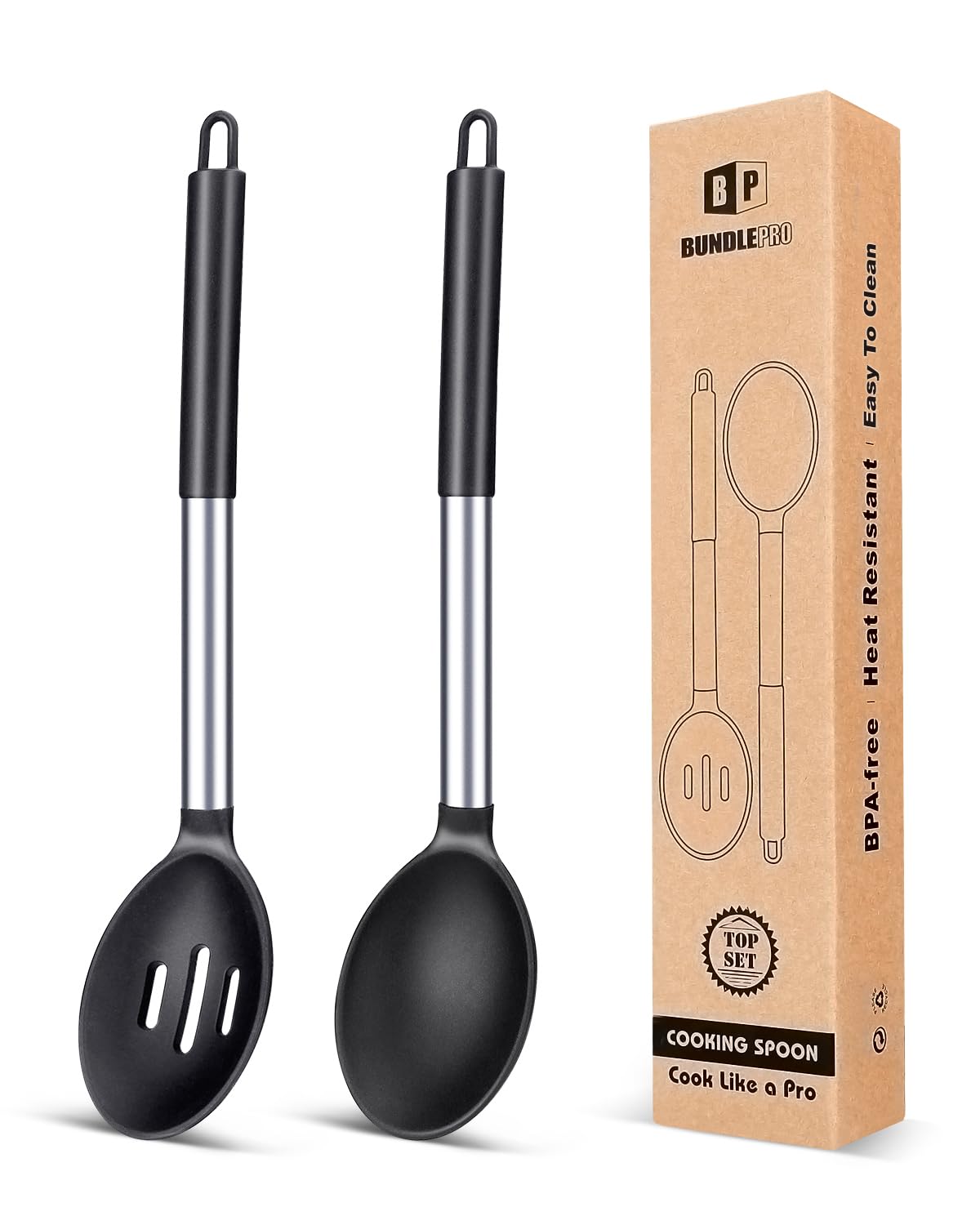 Pack of 2 Large Silicone Cooking Spoons,Non Stick Solid Basting Spoon,Heat-Resistant Kitchen Utensils for Mixing,Serving,Draining,Stirring (BLACK)