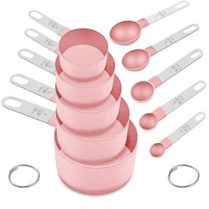 Measuring Cups and Spoons Set, 10 Pieces Nesting Measure Tools, Kitchen Essentials Gadgets with Stainless Steel Handle for Dry & Liquid Ingredient, Pink