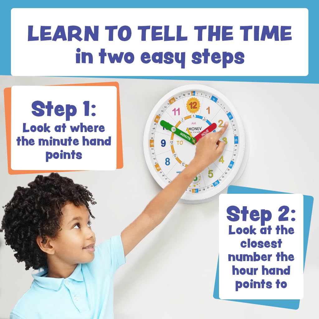 Amonev Time Teacher Scope Wall Clock for Children, Easy to Read Dial with Silent Ticking. Teach Children How to Read and Tell The Time with This Analogue Clock.