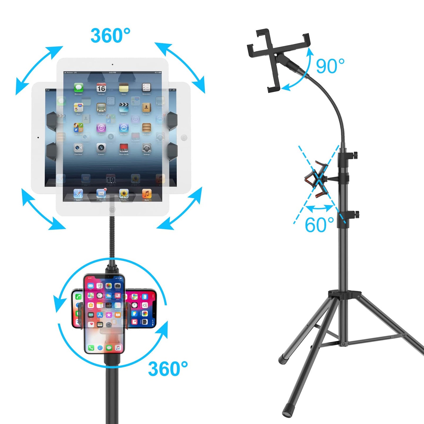LIUGAST Tripod Stand for Ipad,Gooseneck 65-inch Floor Stand for Tablet,Floor Stand for iPad Tripod with 360° Rotating Mount for Mini, Air, Pro and All 4.7-11.9 Inch Tablet and Phone