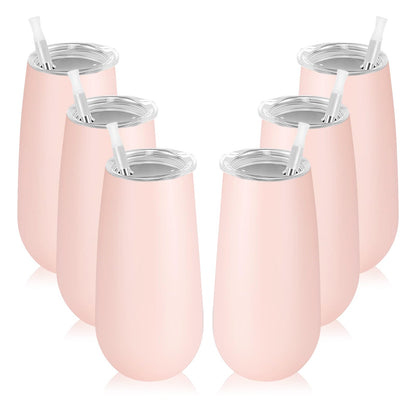 Lifecapido 6-Pack Stemless Insulated Tumblers, 6oz Stainless Steel Unbreakable Champagne Flute Tumbler for Wedding, Christmas, Bride Shower