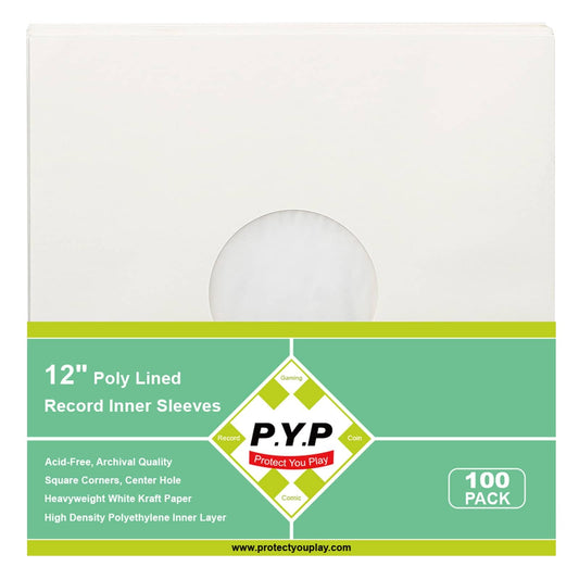 100ct 12-Inch Poly-Lined Record Inner-Sleeves - White Kraft Paper for 33 RPM LP Vinyl Record Albums, Center Hole, Heavyweight Record Jacket Covers for Vinyl Records Collection Storage