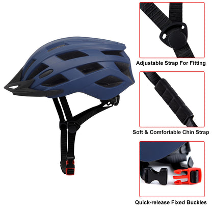 Adult Bike Helmets, Adjustable Mens Womens Bicycle Helmet, Lightweight Road Mountain Cycling Safety Sports Helmets with Detachable Visor Navy Blue L