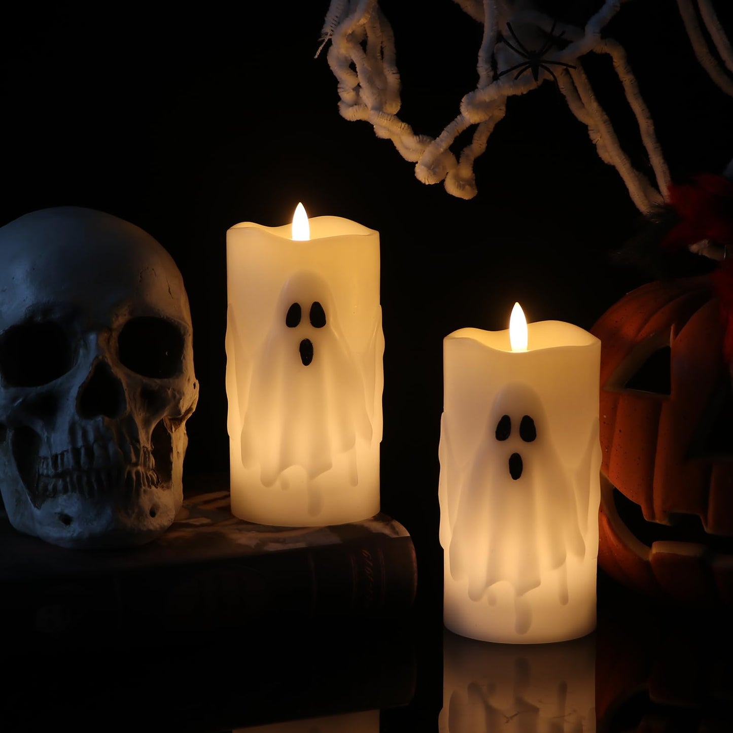 Lasumora Halloween Ghost Flameless Pillar Candles with Remote Timer, Battery Operated LED Candles for Halloween Decorations Indoor Halloween Home Decor Gifts (2 Pack, 3” x 6.5”)