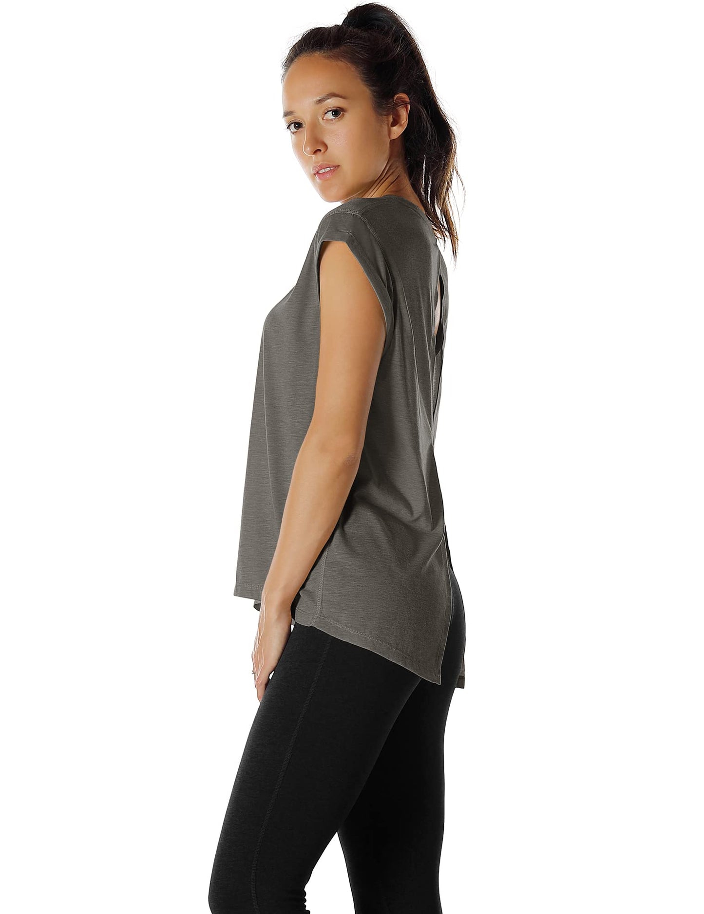 icyzone Open Back Workout Top Shirts - Yoga t-Shirts Activewear Exercise Tops for Women (M, Charcoal)