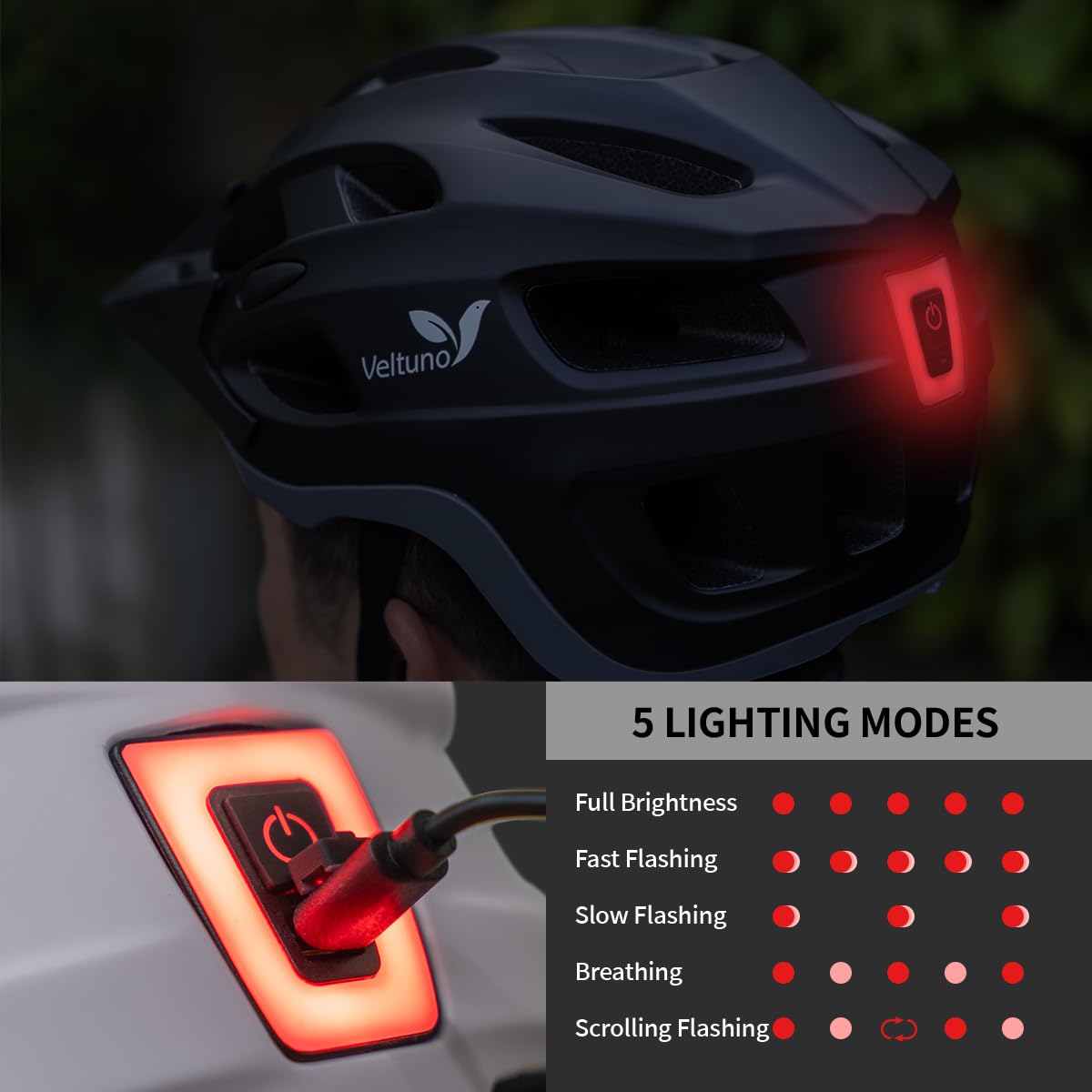 Veltuno Bike Helmet for Adults, Lightweight Mountain Bicycle Helmet with USB Rechargeable LED Rear Light, Removable Sun Visor for Women, Men, Suitable for Cycling and Commuting (Black, Medium)