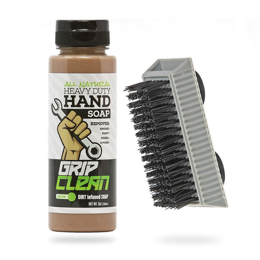 Grip Clean Squeeze Bottle & Brush Combo - Heavy-Duty Degreaser Hand Cleaner & Nail Brush Set - Tackle Grease, Oil, & Grime with Natural Pumice Soap & Nail Cleaning Scrub for Clean Hands & Nails