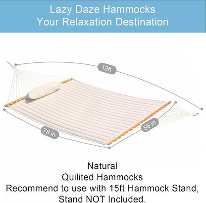 Lazy Daze Hammocks 12 FT Double Quilted Fabric Hammock with Spreader Bars and Detachable Pillow, 2 Person Hammock for Outdoor Patio Backyard Poolside, 450 LBS Weight Capacity, Natural