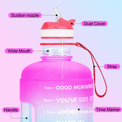 QuiFit Motivational Gallon Water Bottle - with Straw & Time Marker BPA Free Large Reusable Sport Water Jug with Handle for Fitness Outdoor Enthusiasts Leak-Proof (Pink/Blue,1 gallon)