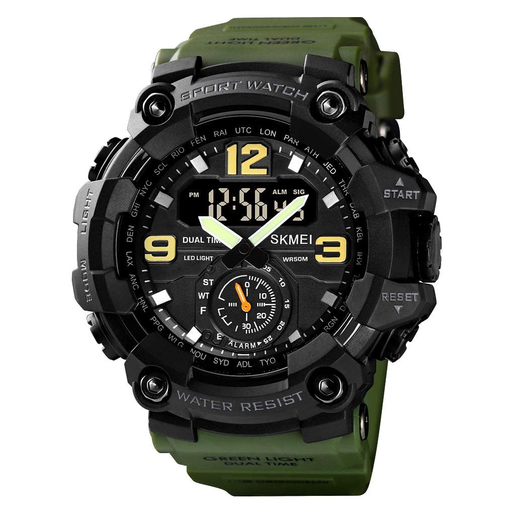 Mens Analog Digital Dual Display Sports Watches Military Multifunctional 50M Waterproof LED Watch with Alarm Stopwatch Backlight 12H/24H Outdoor Running Swimming (Y Army Green)