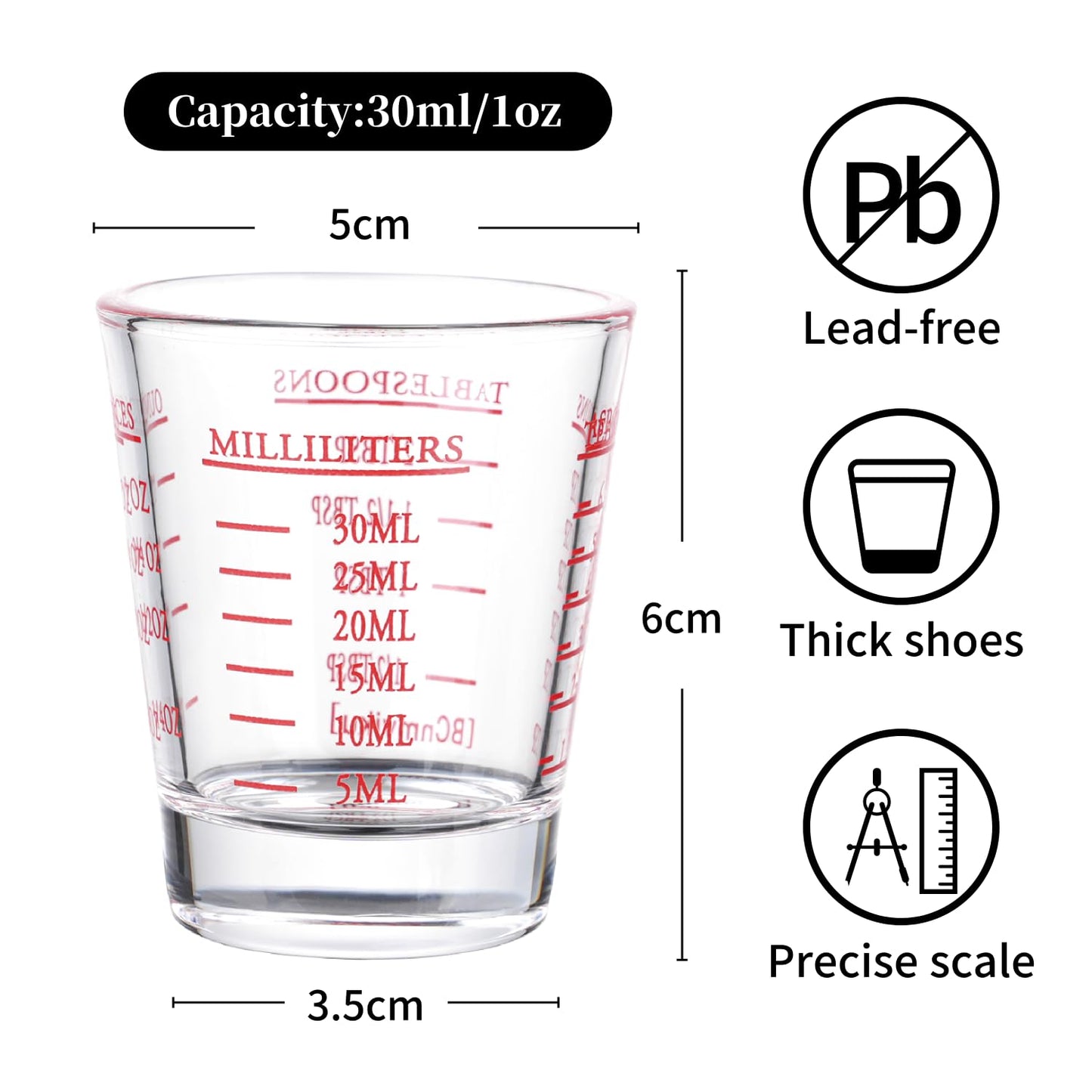 Measuring cup Espresso Shot Glass Liquid Heavy Glass Wine Glass 26-Incremental Measurement 1oz, 6 Tsp, 2 Tbs, 30ml (2 pack-red)