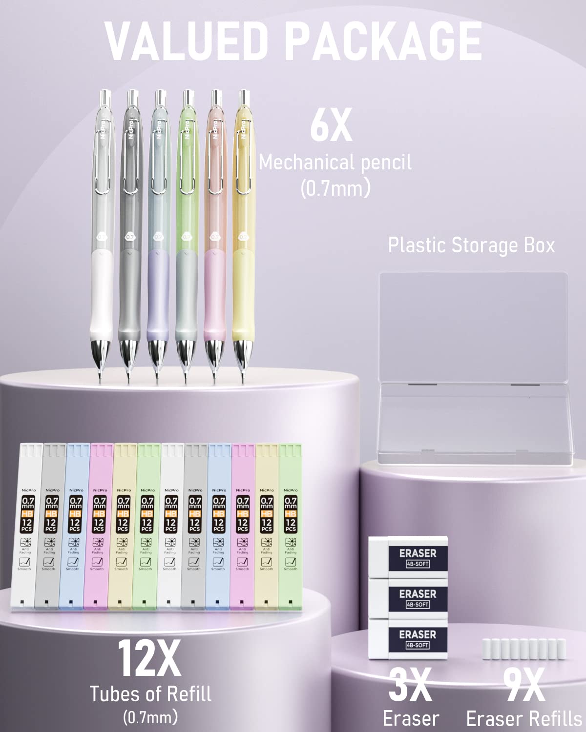 Nicpro 6PCS Pastel Mechanical Pencil Set 0.7 mm, Cute Mechanical Pencils with Comfort Grip with 12 Tubes HB Lead Refill, 3 Eraser, 9 Eraser Refills for Student Writing, Drawing, Sketching- with Case
