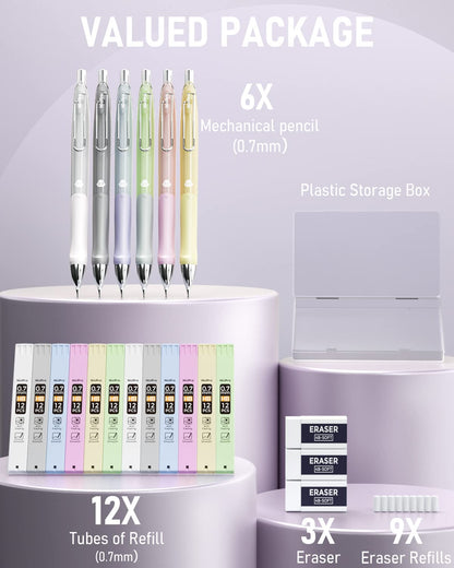 Nicpro 6PCS Pastel Mechanical Pencil Set 0.7 mm, Cute Mechanical Pencils with Comfort Grip with 12 Tubes HB Lead Refill, 3 Eraser, 9 Eraser Refills for Student Writing, Drawing, Sketching- with Case