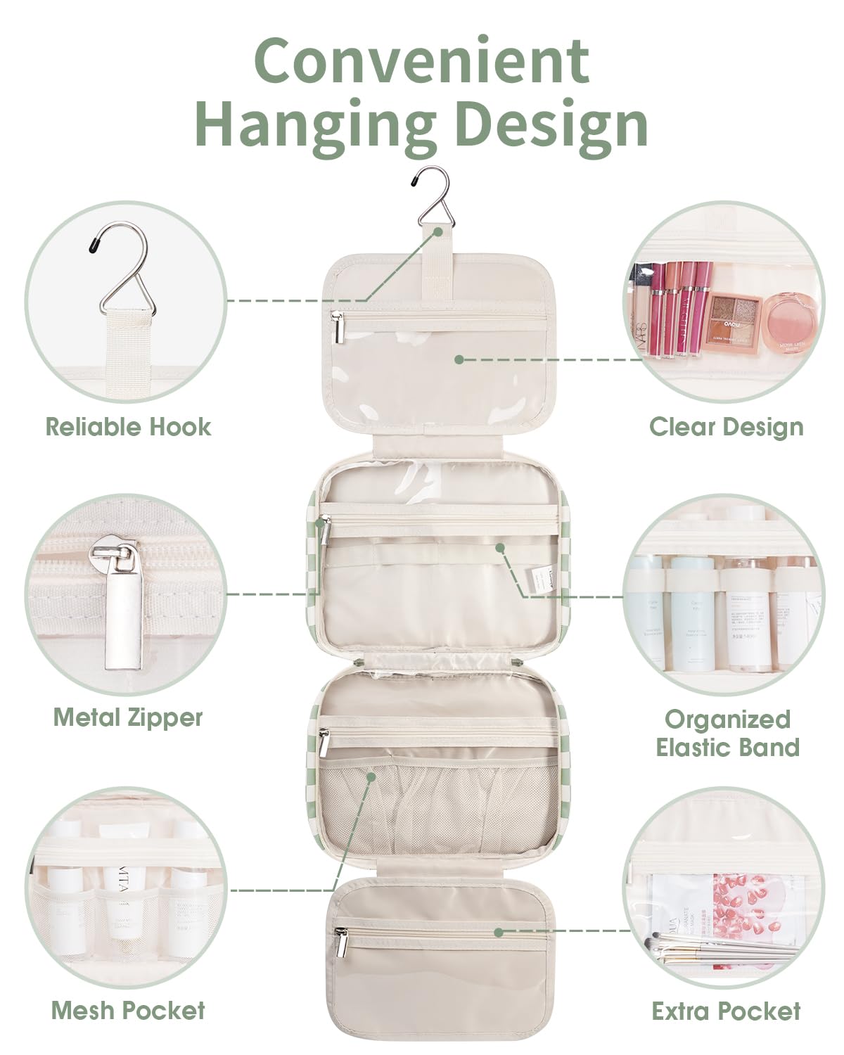 Narwey Hanging Toiletry Bag for Women Travel Checkered Makeup Bag Organizer Toiletries Bag for Travel Size Essentials Accessories Cosmetics (Mint Green Checkerboard (Medium))