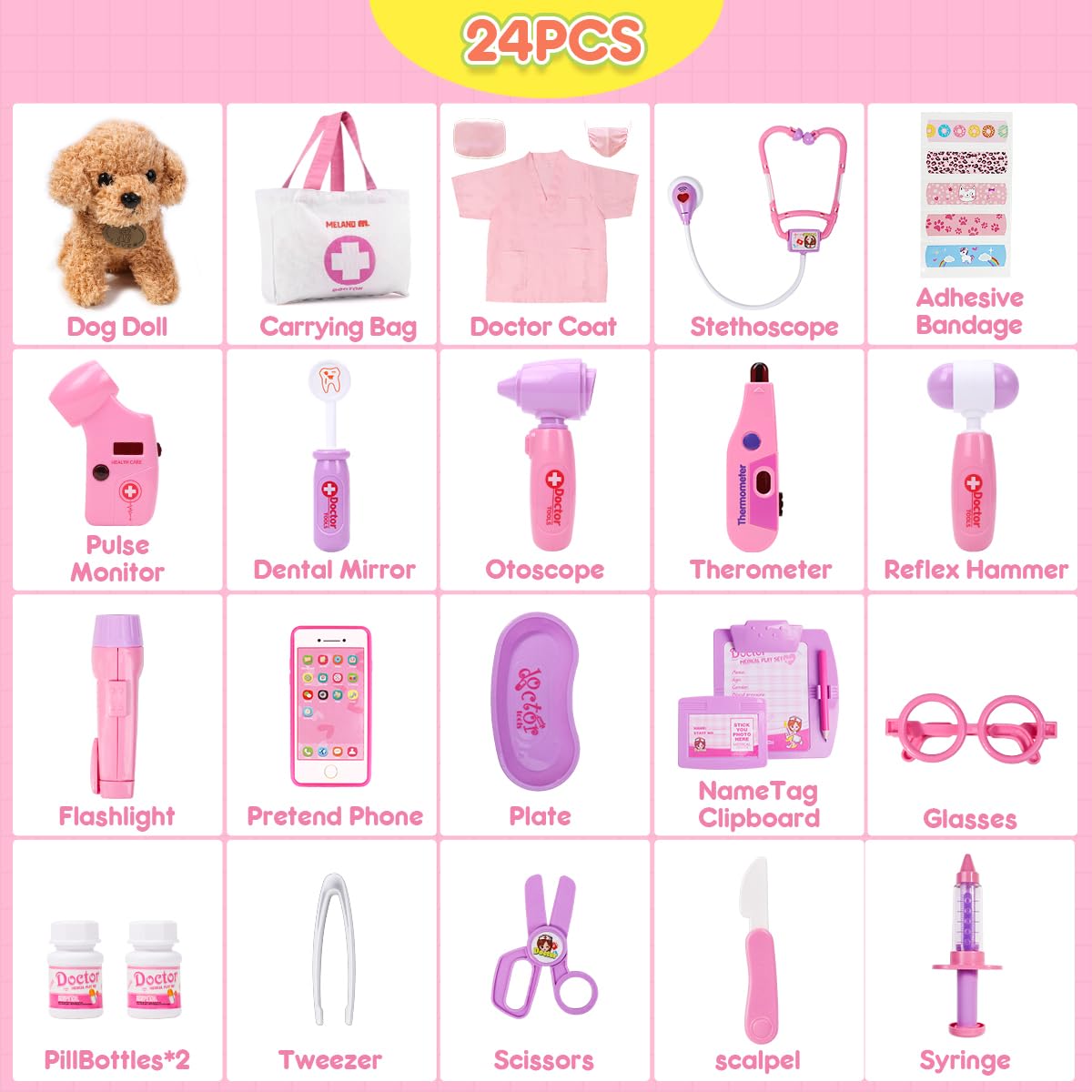 Meland Toy Doctor Kit for Girls - Pretend Play Doctor Set with Dog Toy, Carrying Bag, Stethoscope Toy & Dress Up Costume - Doctor Play Gift for Kids Toddlers Ages 3 4 5 6 Year Old for Role Play