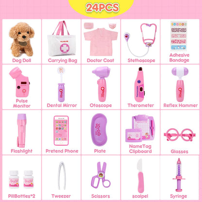Meland Toy Doctor Kit for Girls - Pretend Play Doctor Set with Dog Toy, Carrying Bag, Stethoscope Toy & Dress Up Costume - Doctor Play Gift for Kids Toddlers Ages 3 4 5 6 Year Old for Role Play