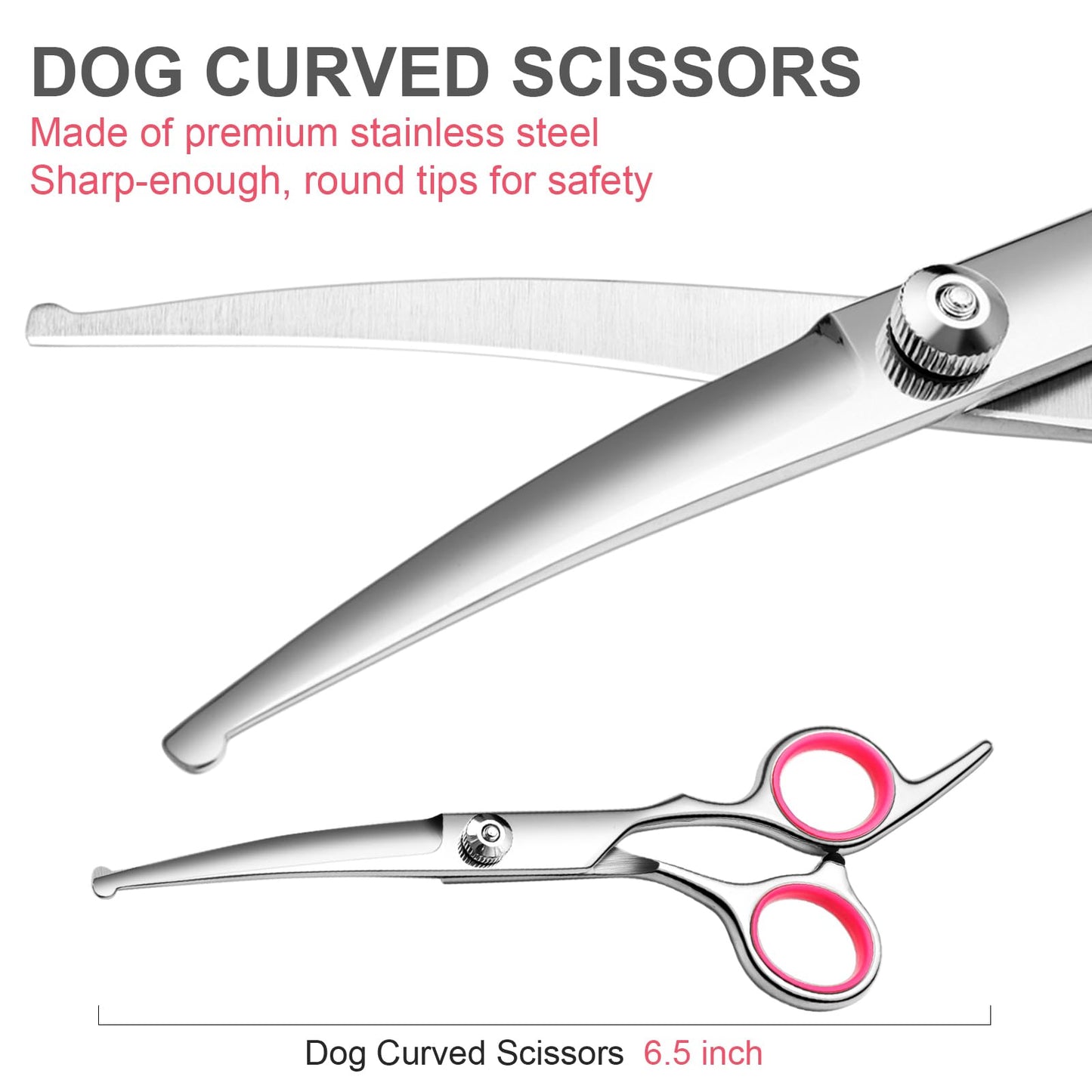 FAIGEO Dog Grooming Scissors with Safety Round Tips Stainless Steel Professional Dog Grooming Kit - Thinning, Curved Scissors and Comb for Cat Pet (Pink 4 in 1)