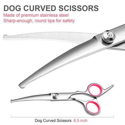 FAIGEO Dog Grooming Scissors with Safety Round Tips Stainless Steel Professional Dog Grooming Kit - Thinning, Curved Scissors and Comb for Cat Pet (Pink 4 in 1)