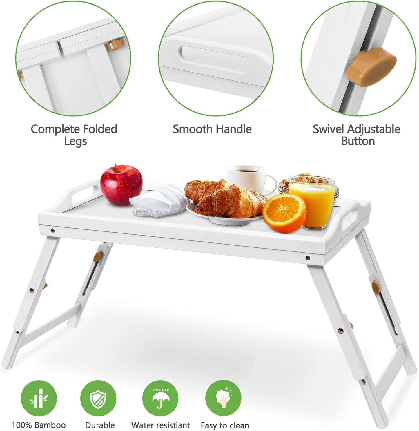 Mayyol Large Breakfast Bed Tray for Eating - Height Adjustable Raised Food Table - Bamboo Serving Tray on Lap Sofa - Portable Snack Platter with Folding Legs Ideal for Bedroom Picnic - White