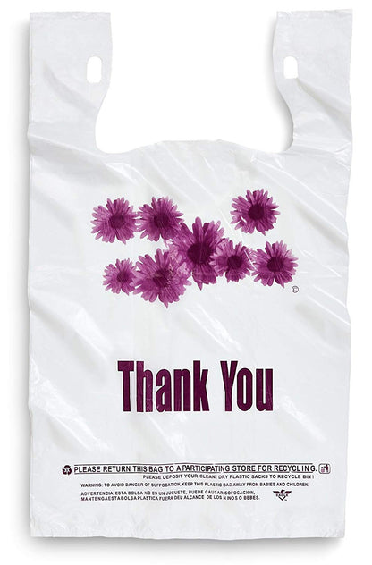 Extra Large Grocery and Retail T-Shirt Bag 1/6 Size Daisy Print 24 Microns Size: 12"x6.5"x23" Count 400 pc