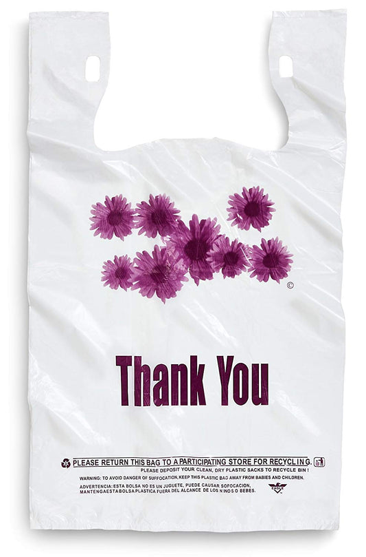 Extra Large Grocery and Retail T-Shirt Bag 1/6 Size Daisy Print 24 Microns Size: 12"x6.5"x23" Count 400 pc