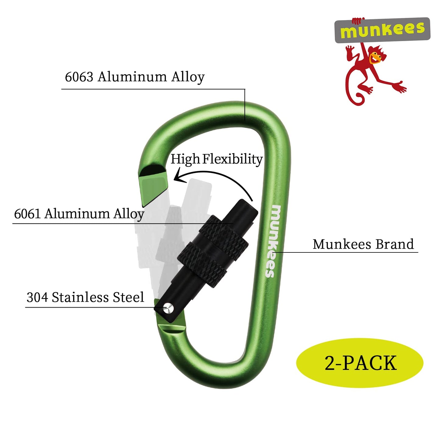munkees Small Carabiner Clip Keychain 2 Pack, Mini Caribeener 2 inch to 3" for Keys Aluminum Alloy Biner Lightweights for Bottle Buckle, Backpack Hook (Small, Green with Lock)