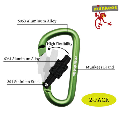 munkees Small Carabiner Clip Keychain 2 Pack, Mini Caribeener 2 inch to 3" for Keys Aluminum Alloy Biner Lightweights for Bottle Buckle, Backpack Hook (Small, Green with Lock)