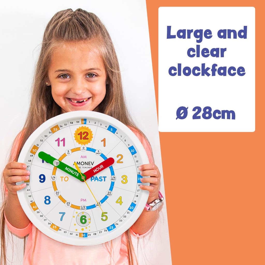 Amonev Time Teacher Scope Wall Clock for Children, Easy to Read Dial with Silent Ticking. Teach Children How to Read and Tell The Time with This Analogue Clock.