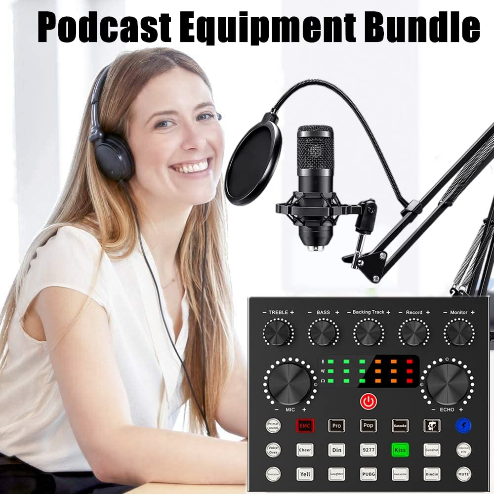 Podcast Equipment Bundle, BM800 Podcast Microphone Bundle with V8s Voice Changer, Condenser Microphone Recording Studio Package for Podcasting Live Streaming Singing PC Mobile TikTok YouTube