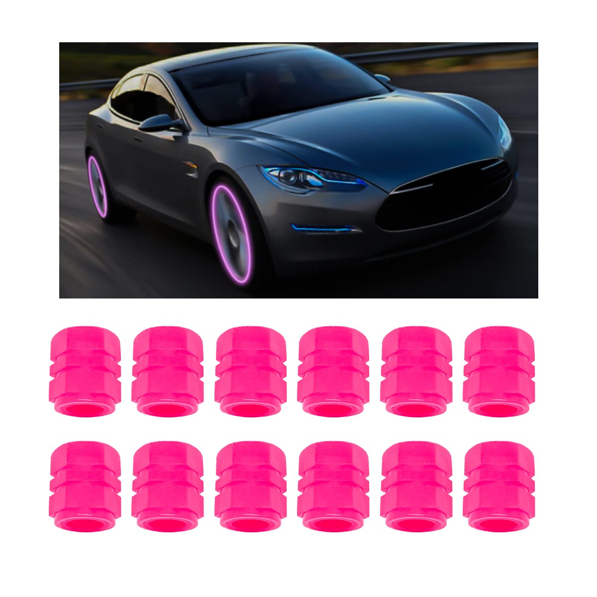 12PCS Fluorescent Car Tire Valve Stem Caps, Auto Corrosion Resistant Wheel Valve Cover, Luminous Illuminated Glow in The Dark, Car Decor Accessories Universal for SUV, Trucks, Car (Pink)