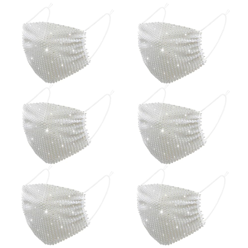 6 Pcs White Female Gifts Decor Face Cover Christmas Decor Crystal Mesh Face Mask Sparkly Rhinestone Custom Masquerade Mask for Women Sequin Glitter Halloween Night Club Party Supplies Face Mask