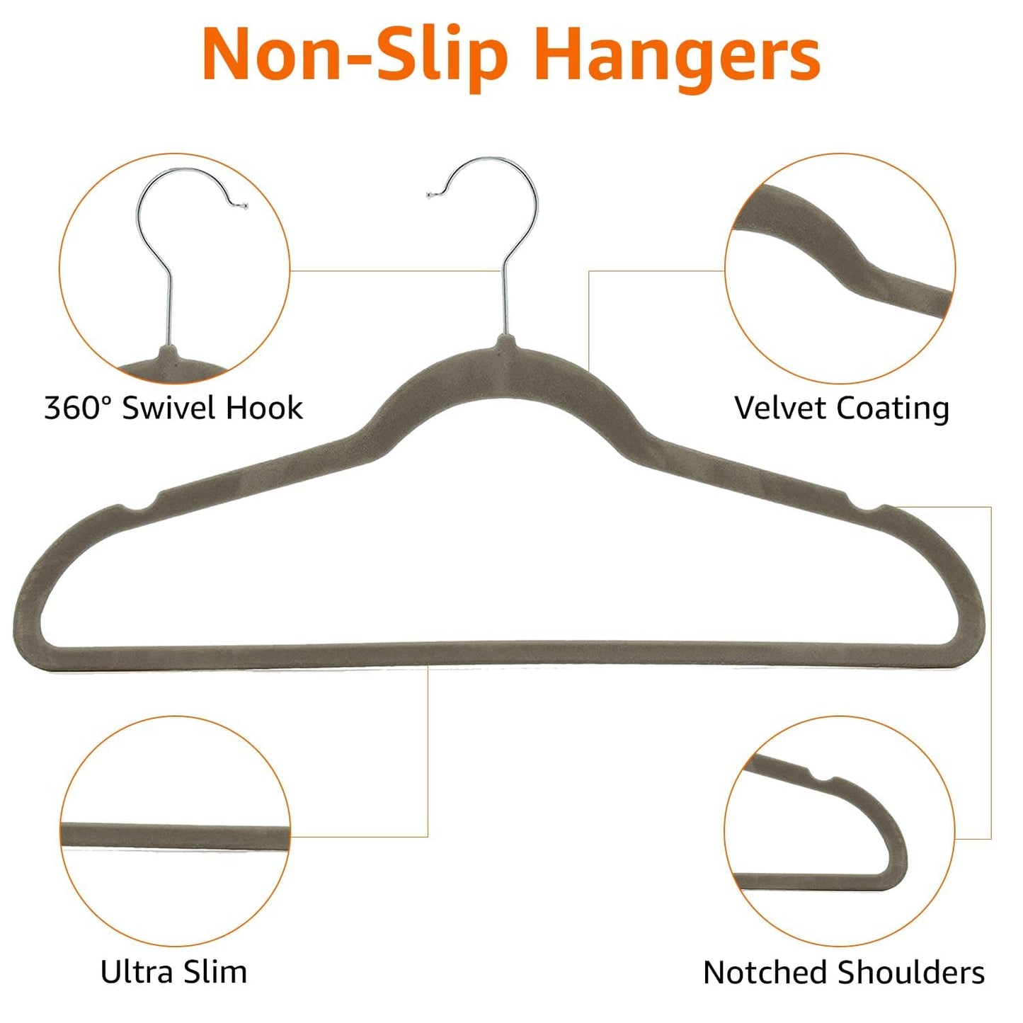 Amazon Basics Slim, Velvet, Non-Slip Suit Clothes Hangers, Gray/Silver - Pack of 50