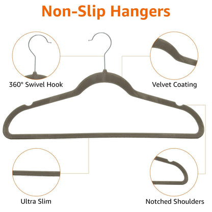 Amazon Basics Slim, Velvet, Non-Slip Suit Clothes Hangers, Gray/Silver - Pack of 50