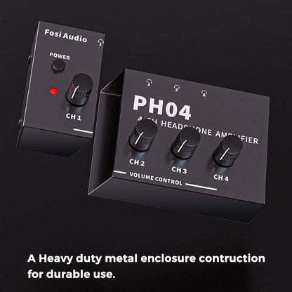 Fosi Audio PH04 4 Channel Headphone Amplifier Stereo Audio Amp with 12V 1A Power Adapter Ultra-Compact Portable Headphone Splitter for Studio and Stage