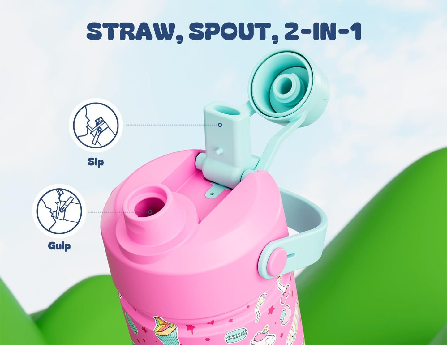 18 oz Kids Water Bottle for School: Leakproof, 2-in-1 Straw Spout Lid, BPA-Free, Easy Carry, Keep Cold 24H, Insulated Stainless Steel Cup for Backpack, Sports, Camping, Trip, Gift, Home (Cute Unicorn)