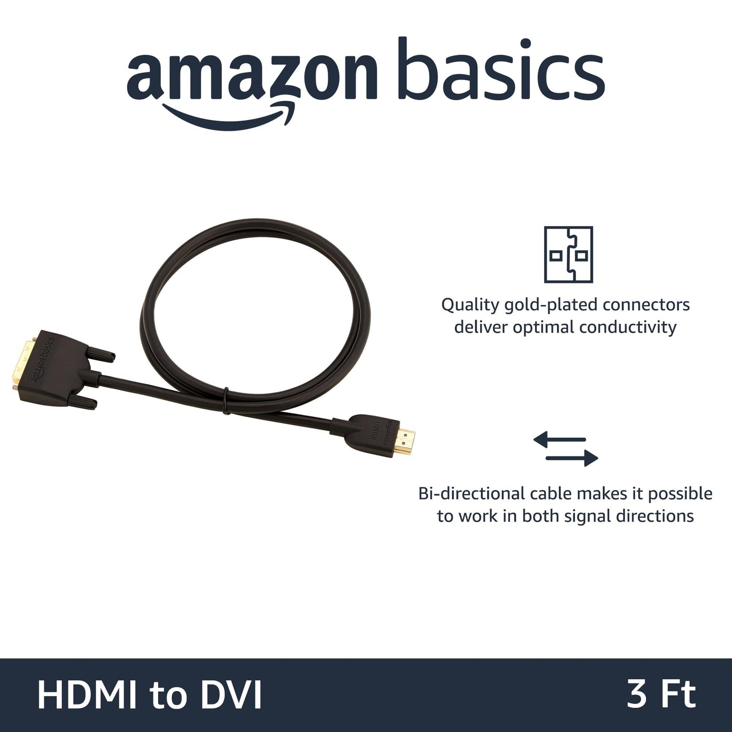 Amazon Basics HDMI-A to DVI (Male) Adapter Cable, Bi-Directional 1080P, Gold-Plated, 3 ft/0.9 m, Single Pack, Black