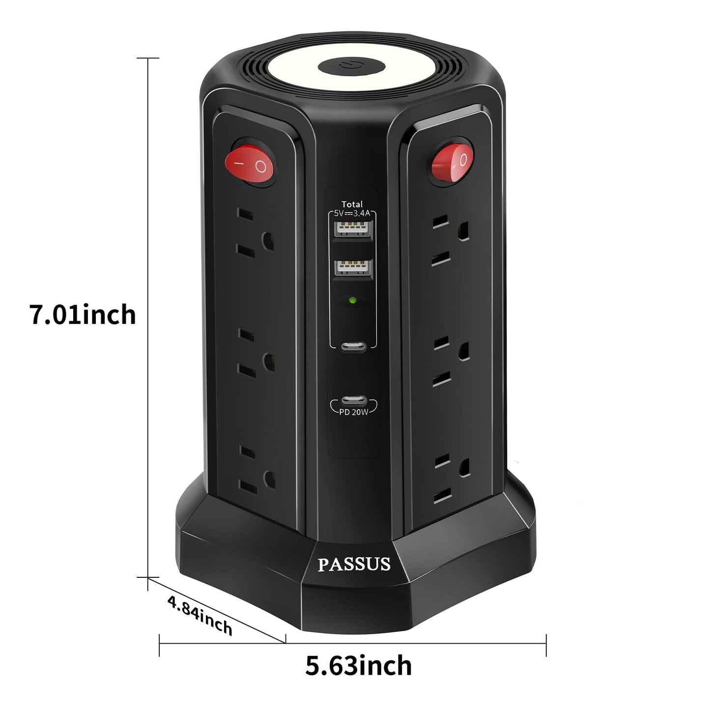 Long Surge Protector Power Strip 16 FT Cord, PD20W USB C Power Strip Tower with Night Light, Extension Cord with Multiple Outlets with 4 USB Ports, PASSUS Charging Station Home Office Essentials Black