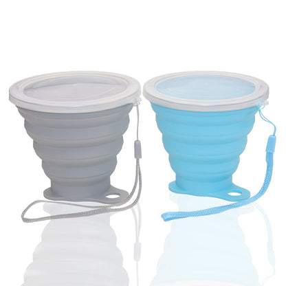 Nanaborn Silicone Collapsible Cups for Camping Travel, Small Portable Drinking Cup with Lids Reusable for Outdoor Hiking 270ml (Blue/Gray, 2 Pack)