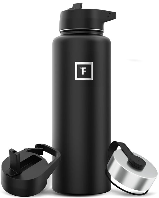 IRON °FLASK Camping & Hiking Hydration Flask with 3 Lids - Stainless Steel, Double Walled & Vacuum Insulated Water Bottle - Leak Proof & BPA Free (Midnight Black, Straw - 40 oz)