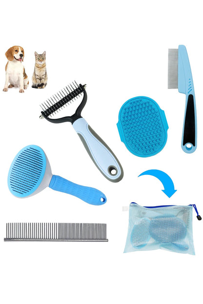 MASTER QUEEN Dog Brush Grooming Kit 5PCS - Dog Brushes for Grooming, Dog Brush for Shedding,Puppy Brush and Flea Comb for Dogs, Slicker Brush Comb and Dog Hair Brush Set Blue