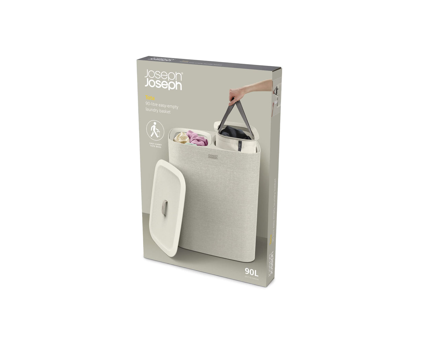 Joseph Joseph Tota 90 liter/23.8 gallon Laundry Hamper Separation Basket with lid, 2 Removable Washing Bags with Handles - Ecru