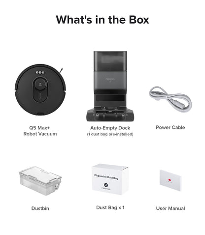 roborock Q5 Max+ Robot Vacuum with Self-Empty Dock, Upgraded from Q5+, 5500 Pa Suction, DuoRoller Brush, Hands-Free Cleaning for up to 7 Weeks, PreciSense LiDAR Navigation, App & Voice Control