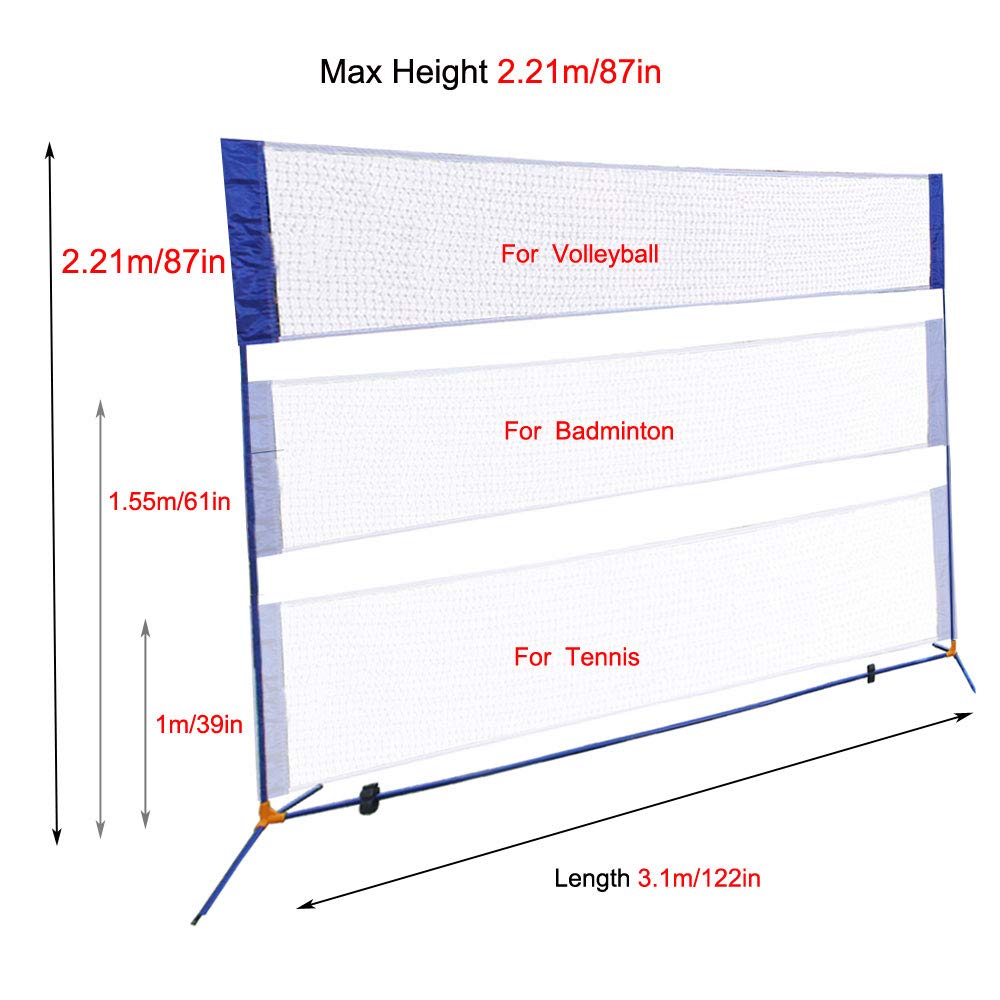Portable Height Adjustable Badminton Volleyball Tennis Net Set Multi-Purpose Sports Equipment with Poles Stand and Carry Bag for Outdoor Garden Beach